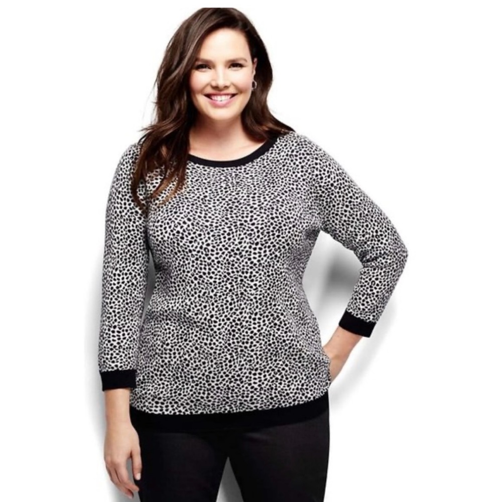 Lands' End Sweater 100% Supima Cotton Leopard Print Crewneck Black/white Casual